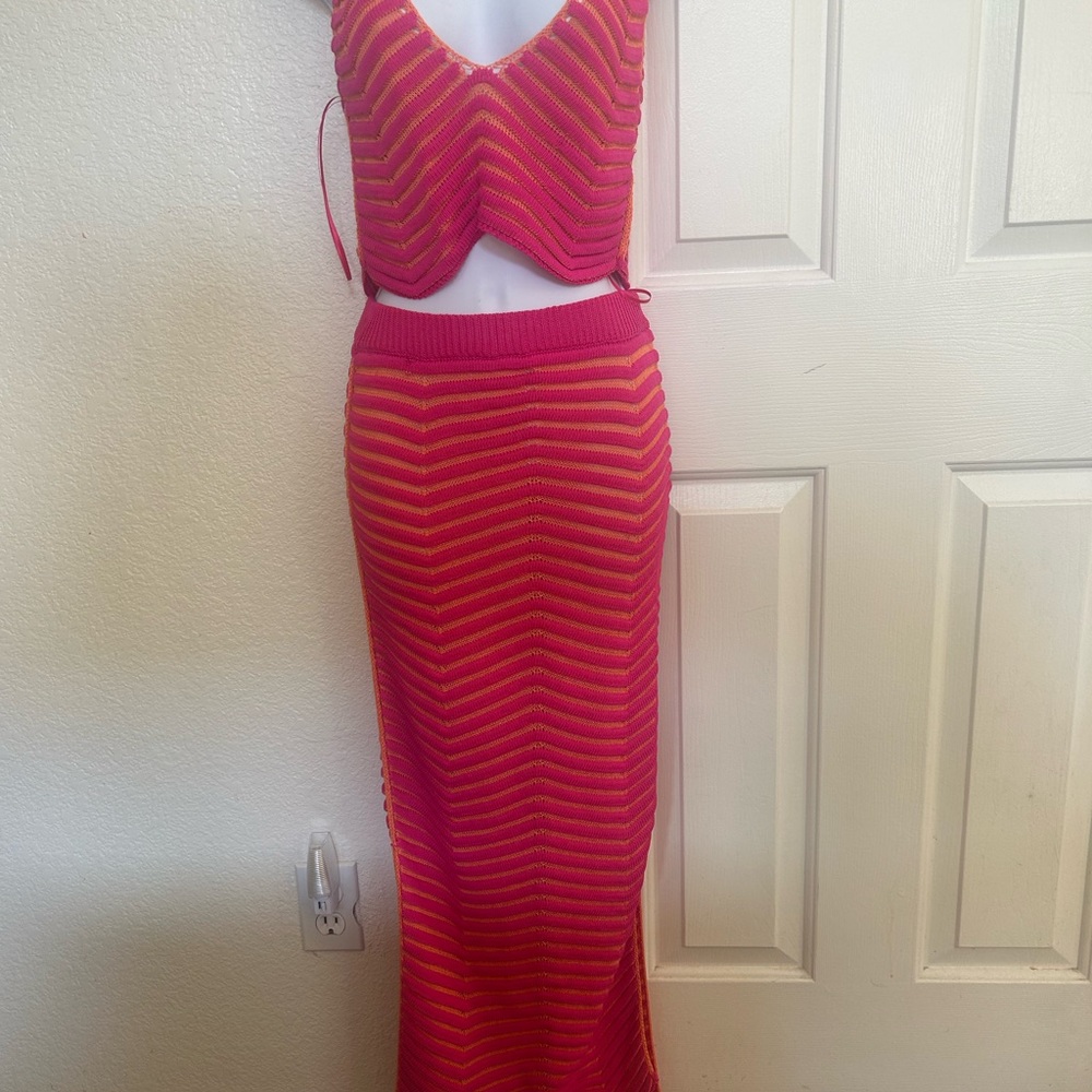 Fashion Nova Pink and Orange Knit Skirt Set